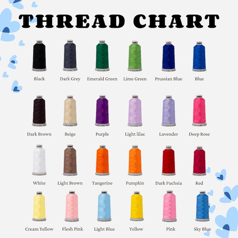 May include: A thread chart displays a variety of thread colors, including black, dark grey, emerald green, and lime green. Other colors include dark brown, beige, purple, light lilac, and lavender. The chart also shows white, light brown, tangerine, pumpkin, dark fuchsia, and red.
