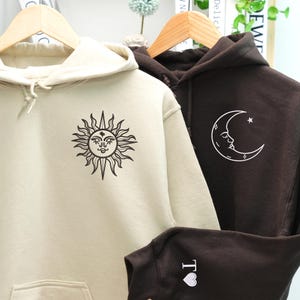 Matching Embroidered Sun and Moon Couple Hoodies - 1st Anniversary Gift for Him Her - Hoodies for Boyfriends - Custom Couple Sweatshirts