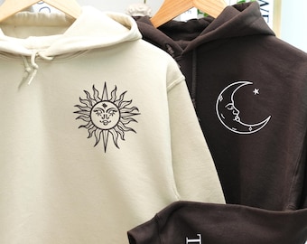 Matching Embroidered Sun and Moon Couple Hoodies - 1st Anniversary Gift for Him Her - Hoodies for Boyfriends - Custom Couple Sweatshirts