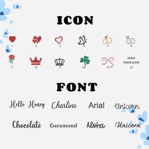 May include: An image showcasing various icons and fonts. Icons include hearts, a butterfly, wedding rings, a rose, crowns, a shamrock, and a bow. Fonts include "Hello Honey", "Charline", "Arial", "Unicorn", "Chocolate", "Garamond", and "Aloha".