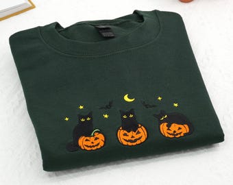 Embroidered Black Cat Pumpkin Sweatshirt: Personalized Halloween Sweatshirt, Spooky Season, Ghost Bat Cat Lover Gift