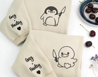 Duck and Penguin with Knife Embroidered Sweatshirt: Custom Personalized Couples Gift, Matching Crewneck for Boyfriend Girlfriend
