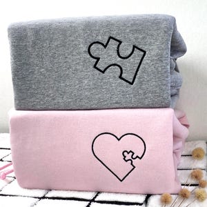 Embroidered Customizable You Complete Me Heart Puzzle Sweatshirt - Heart and Puzzle Piece Hoodie - Initials on Sleeve - Valentines Day Gift