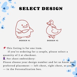May include: Image with the text "SELECT DESIGN" above two cartoon designs. Design #1 is a penguin holding a knife. Design #2 is a duck. Text below states: "This listing is for one item."
