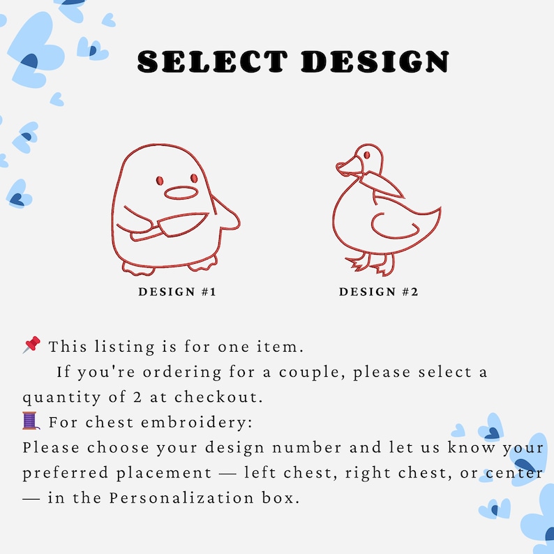 May include: Image with the text "SELECT DESIGN" above two cartoon designs. Design #1 is a penguin holding a knife. Design #2 is a duck. Text below states: "This listing is for one item."