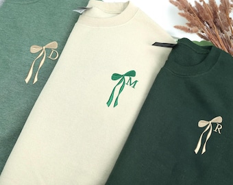 Custom Initial Bow Ribbon Embroidered Sweatshirt - Bridal Party Hoodie - Personalized Bridesmaid Proposal - Bachelorette Gifts for Bride
