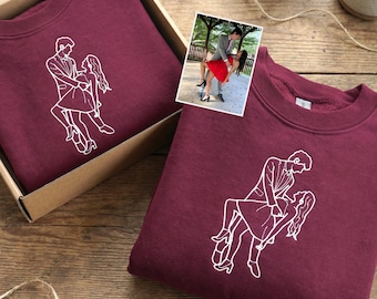 Sudaderas a juego para parejas con bordado de contorno de foto - Sudaderas personalizadas con retrato para él y para ella - Regalos de aniversario para novios y novias