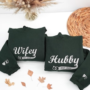 Embroidered Wifey Hubby Hoodies with Custom Est Year - Personalized Newlyweds Sweatshirt Matching Wifey Hubby Sweater - Honeymooning Gift