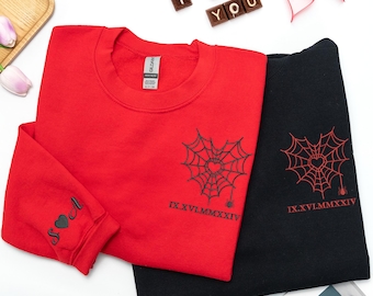 Spider Web Heart Sweatshirts, Matching Roman Numeral Date Custom Embroidery Crewneck, Personalized 1st Anniversary Gift for Couples