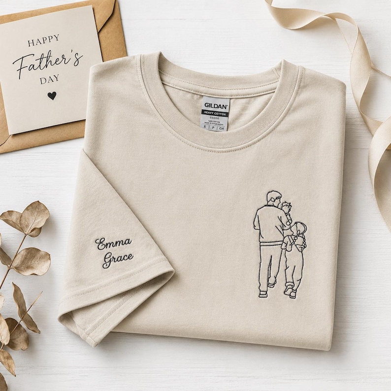 Camiseta com retrato bordado do pai, Camiseta com foto do pai, Camiseta para o Dia dos Pais, Camisetas personalizadas com fotos para o Dia dos Pais, Presentes personalizados para novos papais imagem 4