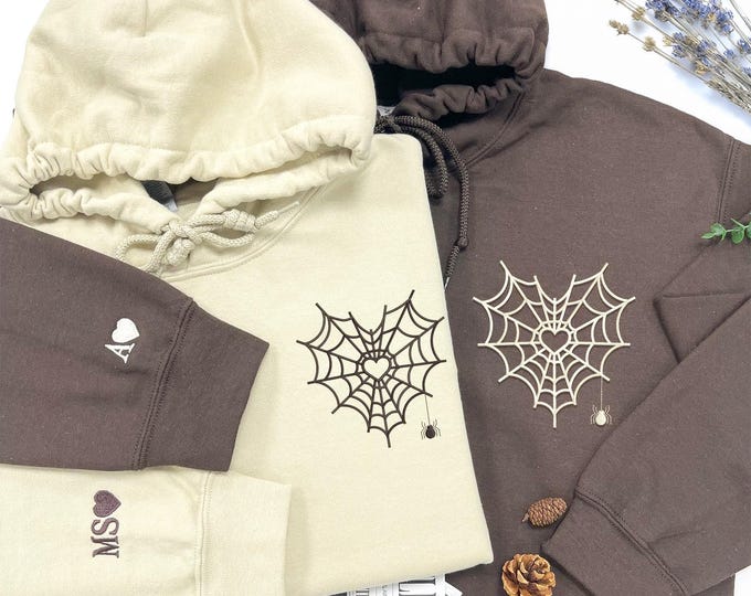 Embroidered Spider Web Heart Couple Hoodie - Halloween Valentine's Day Matching Sweatshirts