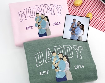 Moletom personalizado com retrato bordado a partir de foto - Moletom combinando para mãe e pai - Presente para reunião de família