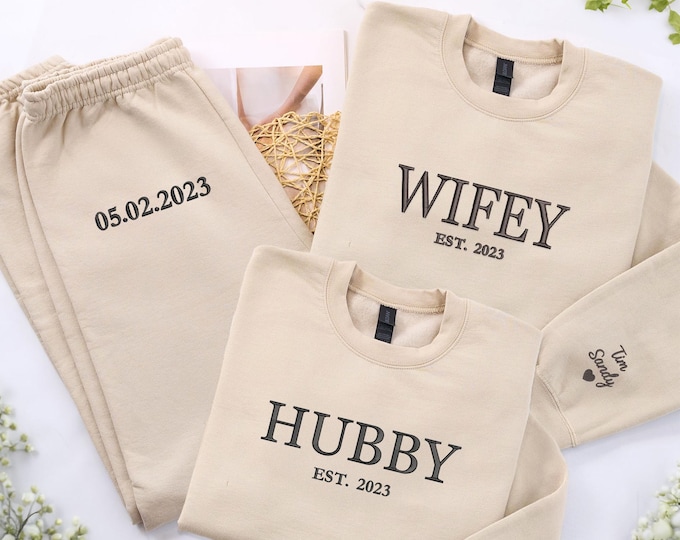 Wifey Hubby Set: Custom Embroidered Sweatshirt & Sweatpants, Honeymoon Outfit, Bachelorette Party Gift