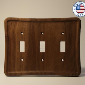 Black Walnut 3-Gang Toggle Switch Cover - Mid-Century Modern Streamlined Design - Handcrafted in the USA