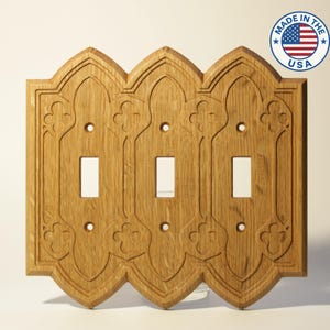 Gothic Quarter-Sawn Oak 3-Gang Toggle Switch Cover – Warm Stain Finish – Handcrafted in USA