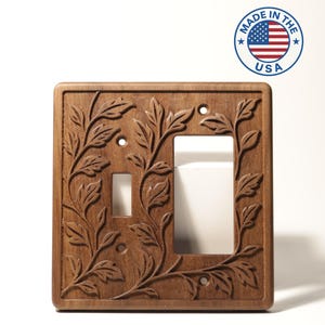 Solid Black Walnut 2-Gang Toggle + Rocker Cover - Leaf Pattern (Updated Style) - Made in USA