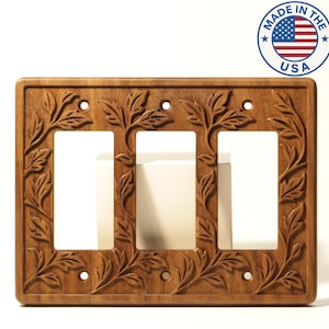 Solid Black Walnut 3-Gang Rocker/Decora Cover Plate - Leaf Pattern  - Made in the USA