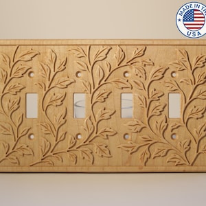 Solid Maple 4-Gang Toggle Switch Cover - Leaf Pattern (Updated Style) - Made in the USA