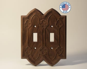 Gothic Black Walnut 2-Gang Toggle Switch Cover Plate - Handcrafted in the USA