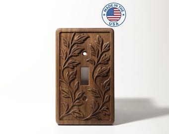 Solid Black Walnut 1-Gang Toggle Switch Plate - Leaf Pattern (Updated Style) - Made in the USA