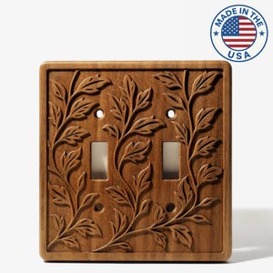 Solid Black Walnut 2-Gang Toggle Switch Plate - Leaf Pattern  - Made in the USA