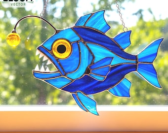 Blue Angler Fish Stained Glass Suncatcher, Underwater Sea Creature