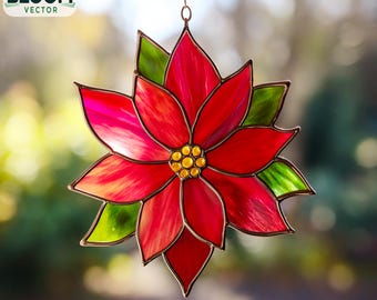 Poinsettia Flower Stained Glass Pattern: DIY Floral Window Art (PDF Pattern) Suncatcher, Handmade.