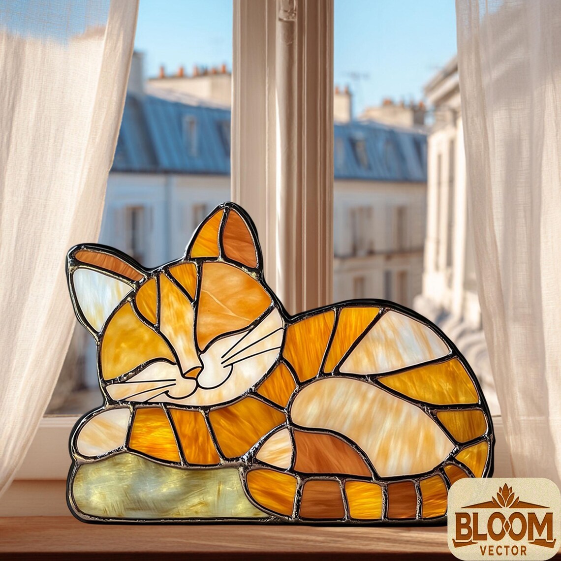 Sleeping Cat Stained Glass Pattern: DIY Home Decor (PDF & PNG Files ...