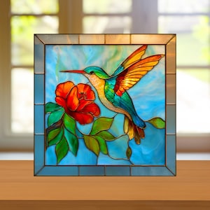 Hummingbird Stained Glass Pattern, Flower Stained Glass Pattern, Diy Stained Glass Pattern, Home Decor Glass.