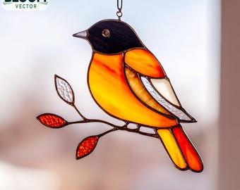 Baltimore Oriole glas-in-loodpatroon pdf | Sjabloon vogelzonnevanger | Zelfgemaakt glas-in-loodontwerp | Direct downloaden
