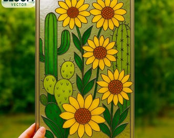 Cactus and Flower Stained Glass Pattern: DIY Home Decor (PDF Pattern), Suncatcher, Wall art