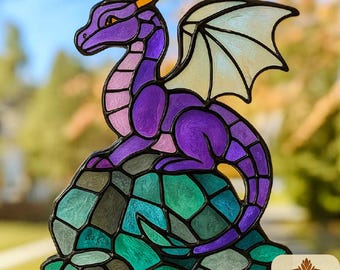Modello di vetro colorato a forma di drago: decorazioni fai da te per la casa (modello PDF), acchiappasole, arte murale
