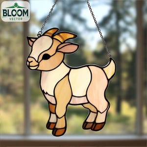May include: A stained glass goat with a chain for hanging. The goat is made of various shades of tan, cream, and brown glass, with black outlines. The Bloom Vector logo is in the upper left corner.