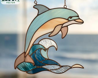 Modello PDF per vetrate con delfino e onde / Modello per acchiappasole con delfino / Design fai da te per vetrate / Download immediato