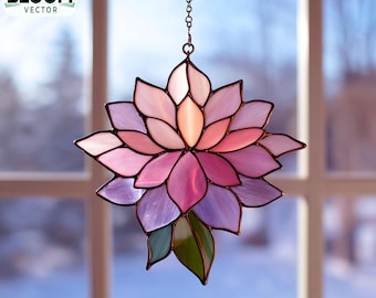 Motivo per vetrate con fiori di dalia: decorazione floreale fai da te per finestre (modello PDF) Acchiappasole, fatto a mano.