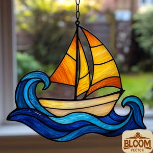 May include: Stained glass sailboat with orange and yellow sails, set against blue and turquoise waves. The boat is cream-colored, and the piece hangs from a chain. The image has a Bloom Vector logo in the bottom right corner.