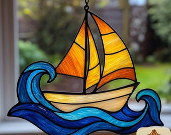 Modello di vetrata con nave a vela: decorazione fai da te per la casa (modello PDF)