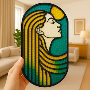Modèle de vitrail femme, modèle de vitrail beauté, modèle de vitrail bricolage, verre de décoration intérieure.