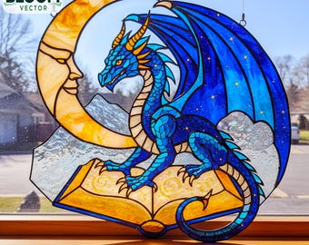 Dragon Book Stained Glass Pattern: DIY Home Decor (PDF Download A4/PNG Files)