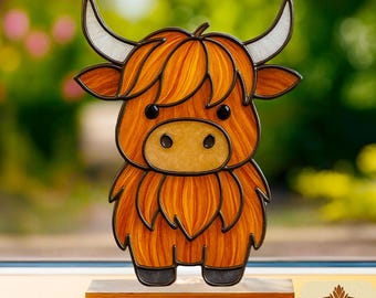 Gebrandschilderd glaspatroon Highland Cow: doe-het-zelfdecoratie (pdf-patroon), Suncatcher, muurkunst