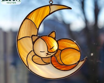 Sleeping Cat On Moon Stained Glass Pattern, Cat Suncatcher, Cat Stained Glass, Home Decor, Wall Art, Handmade.