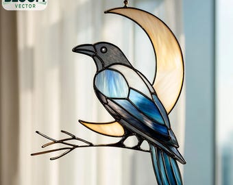 Motivo a vetrate con corvo: decorazioni fai da te per la casa (file PDF e PNG) Arte murale fatta a mano