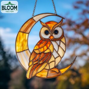 May include: A stained glass owl ornament, suspended by a chain, perched on a crescent moon. The owl and moon are crafted from glass in shades of orange, yellow, and white. The Bloom Vector logo is visible in the top left corner.