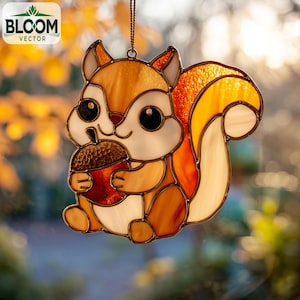 May include: Stained glass squirrel holding an acorn, featuring shades of orange, brown, and white. The squirrel has large black eyes and is suspended by a chain. The image includes the text "BLOOM VECTOR".