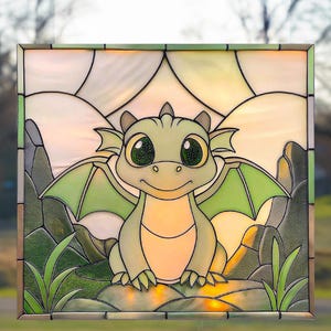 Cute Dragon Stained Glass Pattern, Flower Stained Glass Pattern, Diy Stained Glass Pattern, Home Decor Glass.