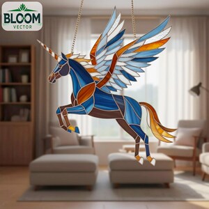 May include: Stained glass unicorn with blue, brown, and orange accents, suspended by a chain. The unicorn has large wings and a horn. The Bloom Vector logo is in the upper left corner.