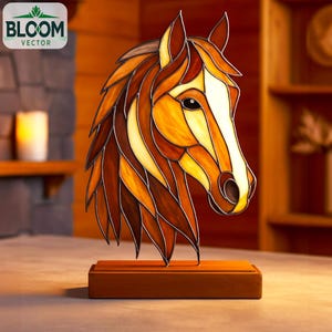 May include: A stained glass horse head sculpture in shades of brown, amber, and white, mounted on a rectangular wooden base. The horse's mane and face are intricately detailed. The Bloom Vector logo is in the upper left corner.