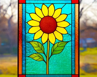Gebrandschilderd glaspatroon zonnebloem: doe-het-zelf zonnevanger, kunst aan de muur (pdf- en png-bestanden)