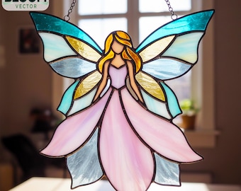 Motivo per vetrate colorate con fate: decorazioni fai da te per la casa (schema PDF, file PNG) fatte a mano, arte murale.