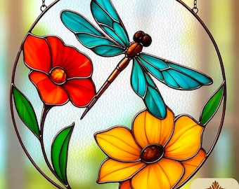 Dragonfly V2 Stained Glass Pattern, Flower Stained Glass Pattern, Diy Stained Glass Pattern, Home Decor Glass.